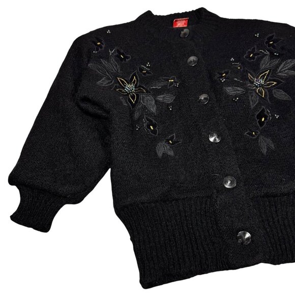 Vintage 90s Mohair Wool Cardigan Sz. S Black Beaded Appliqué  Fuzzy Whimsigoth - Picture 1 of 12